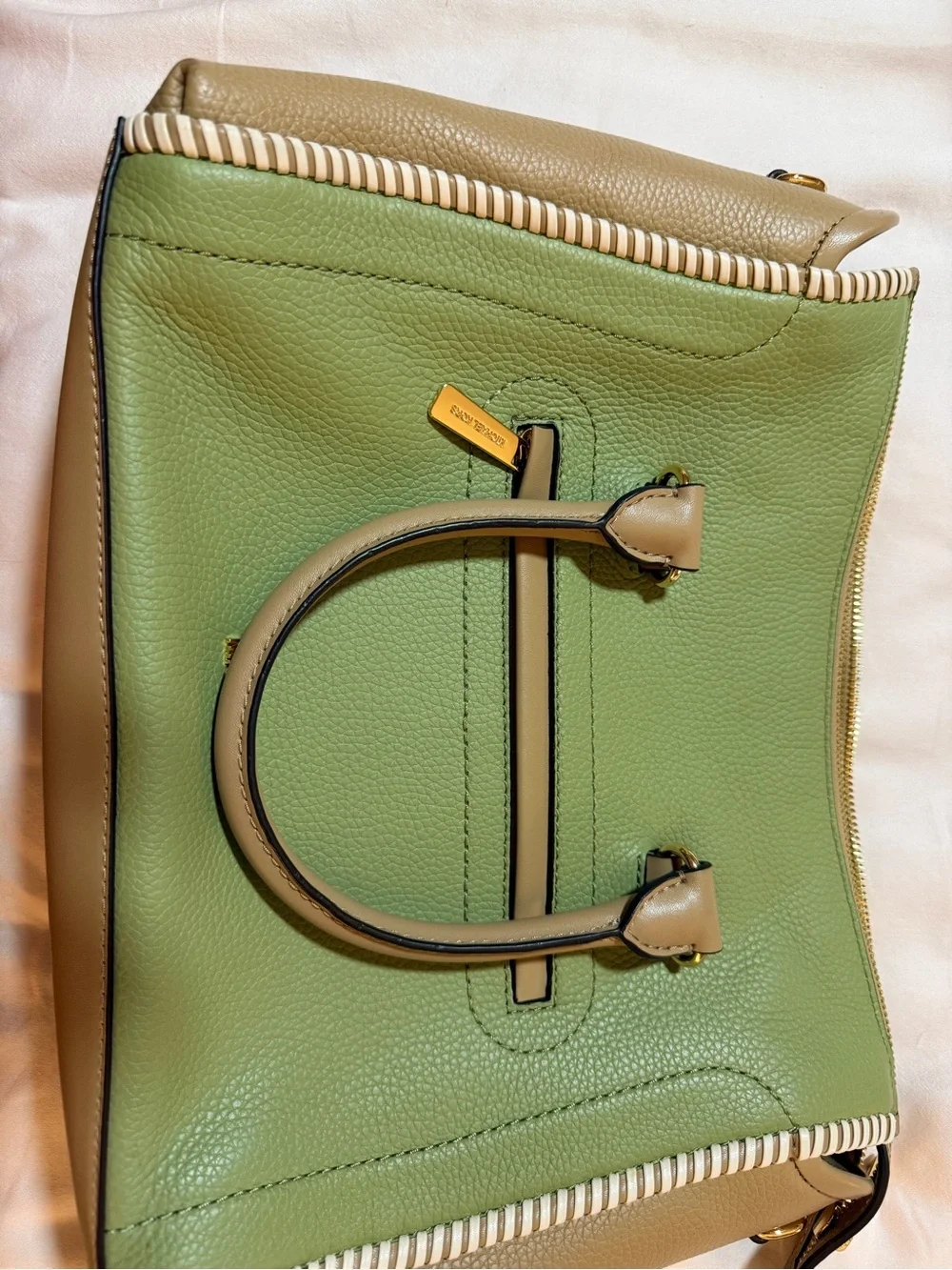 Michael Kors Green and Tan Leather Tote Bag